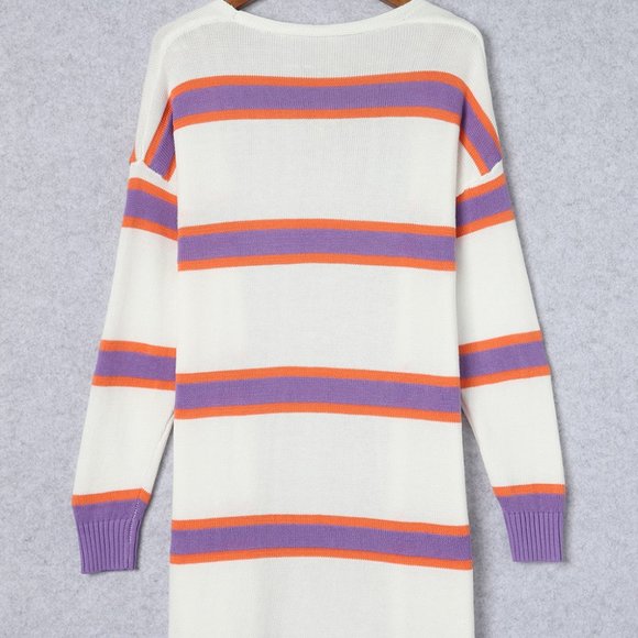 Ivory Lavender Striped Long Sleeve Ribbed Trim Button Cardigan Pastel Sweater - Picture 4 of 11